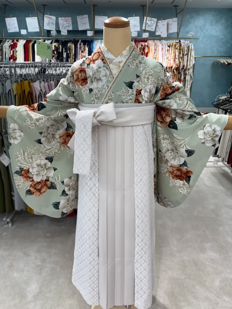TAKAZEN心斎橋店Heatherブランド袴ミントグリーン　椿柄小振袖
