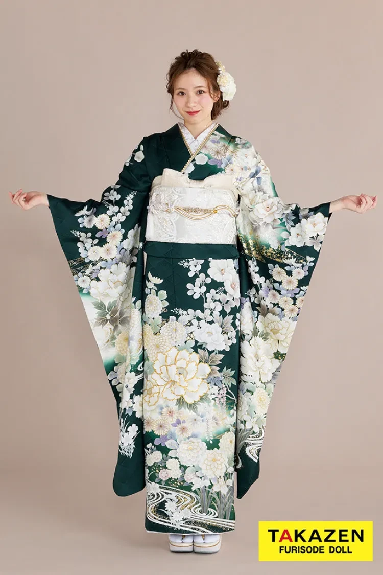 振袖　レンタル　前撮り　撮影会　可愛い　おしゃれ　かっこいい　イマドキ　くすみ　レトロ　安い最新作正統派古典　緑/グリーン　牡丹柄/菊柄/流水模様　綺麗　大人っぽい　華やか　東京レトロブランド振袖　白宮みずほ【通販可】27033