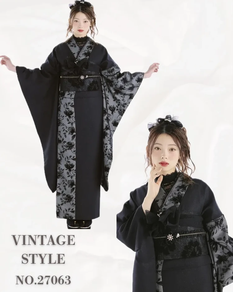 ヴィンテージ振袖 最新作ヴィンテージスタイル 黒/黒ベース シンプル スタイリッシュ おしゃれ フロッキー生地 大人っぽい 南琴奈 TAKAZEN心斎橋店