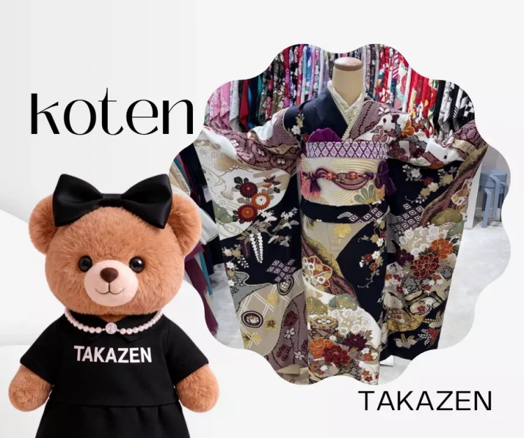 TAKAZEN神戸旧居留地店の紺色に華やかな柄が沢山入った正統派古典振袖