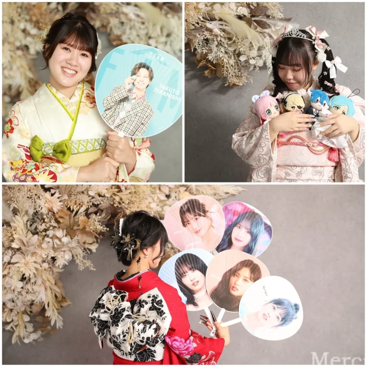 TAKAZEN奈良店の成人式の前撮り撮影会で推しのうちわと一緒に撮影したお客様の様子