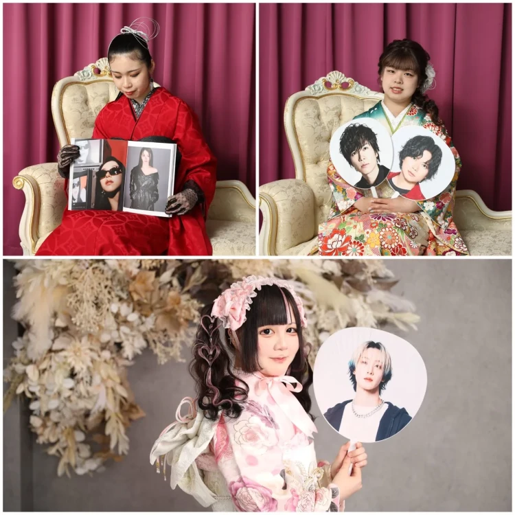 TAKAZEN奈良店の成人式の前撮り撮影会で推しのうちわと一緒に撮影をしたお客様の様子