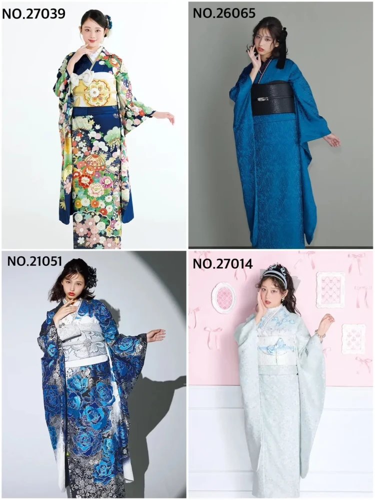 TAKAZEN奈良店の青色のお振袖のコーディネート