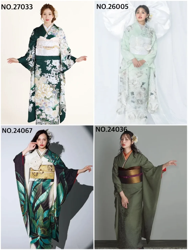TAKAZEN奈良店の緑色のお振袖のコーディネート