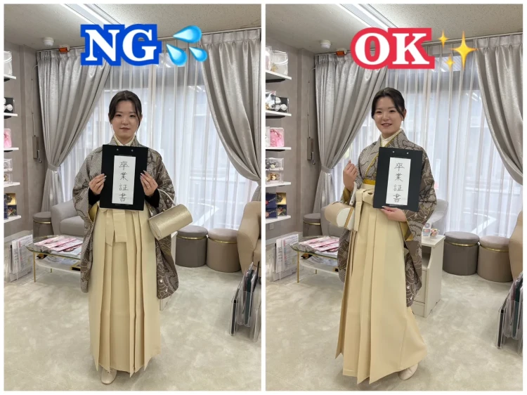 TAKAZEN奈良店のスタッフが卒業式の袴での全身写真のポーズについて説明している様子