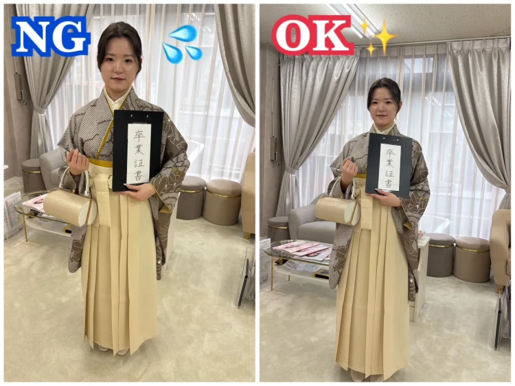 TAKAZEN奈良店のスタッフが卒業式の袴での映える写真の撮り方や角度について説明している様子