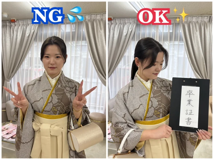 TAKAZEN奈良店のスタッフが卒業式の袴でのオシャレな写真の撮り方を説明している様子