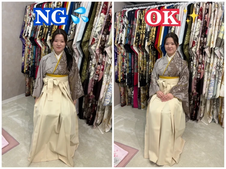 TAKAZEN奈良店のスタッフが卒業式の袴での座り方について説明している様子