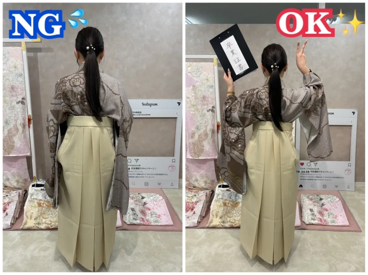 TAKAZEN奈良店のスタッフが卒業式の袴での後ろ姿の映える写真の撮り方を説明している様子