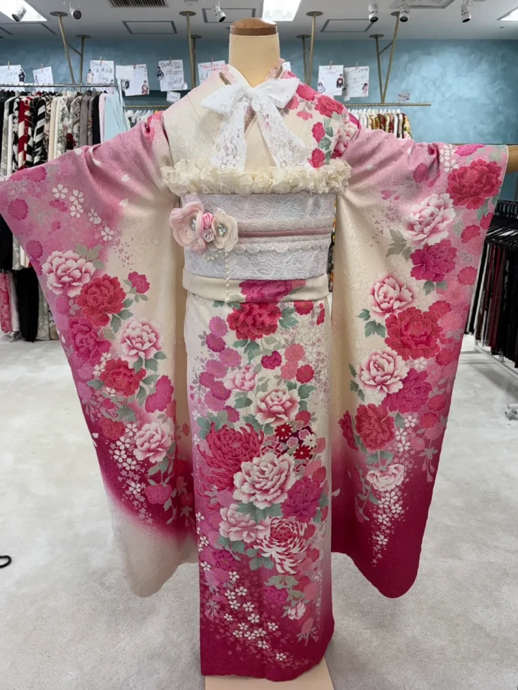 振袖レンタル　成人式　なんば　心斎橋　安カワ　ピンク　ROSE　バラの振袖