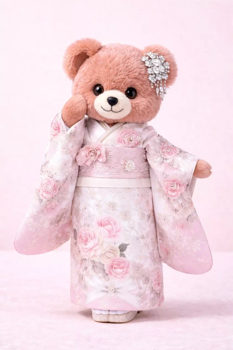 AIくまちゃんがコスメカラー振袖を着ている