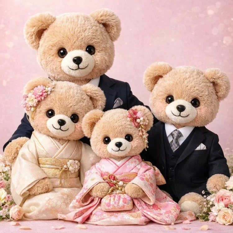 AIくまちゃんが家族写真を撮っている