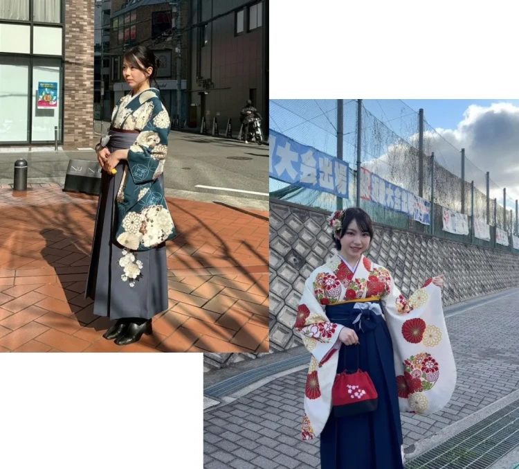 卒業式　袴　外フォト　袴全身フォト　赤　緑　大阪梅田で人気の外フォトスポット