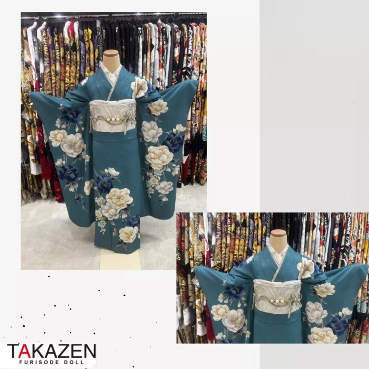 TAKAZEN神戸旧居留地店のターコイズブルーの華やかな古典柄のお振袖のご紹介
