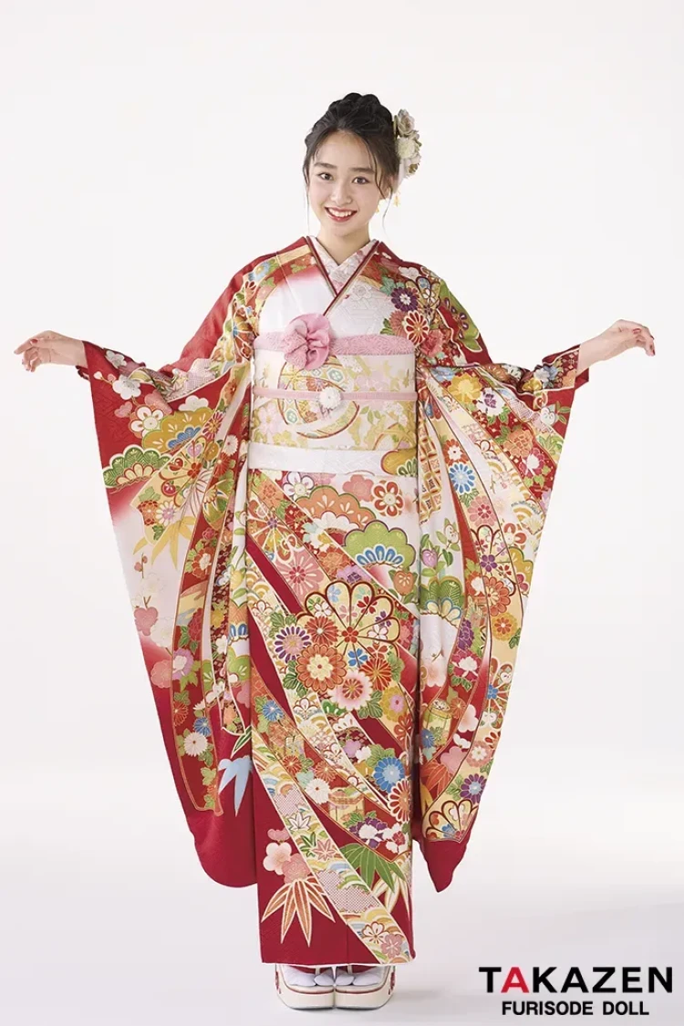 振袖　レンタル　前撮り　撮影会　可愛い　おしゃれ　かっこいい　イマドキ　くすみ　レトロ　安い　古典柄　プレミアム古典　プレミアム古典　吉澤織物/吾妻徳穂　踊りの世界 最高級金彩手描き友禅　赤　熨斗柄　清楚な振袖　綺麗　藤岡舞衣【通販可】26032