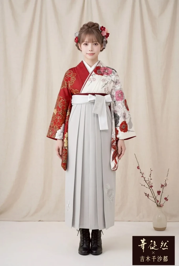 華徒然×吉木千紗都ブランド袴　白赤の牡丹柄正統派古典の袴