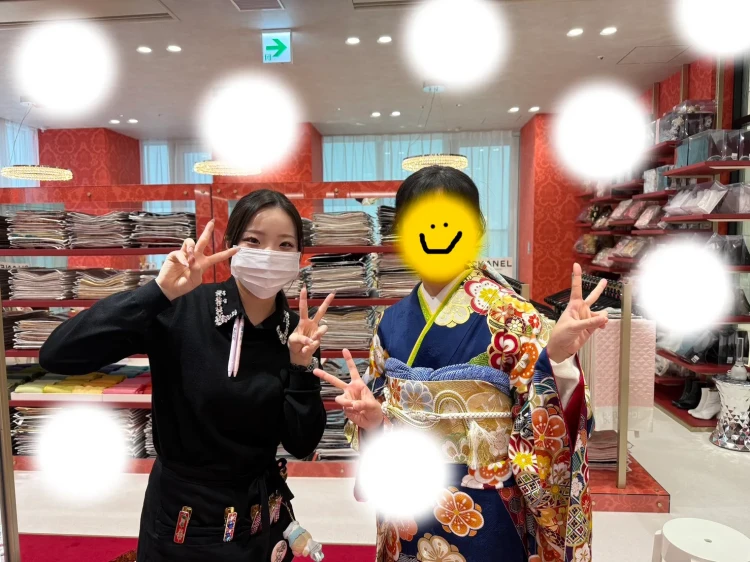 大阪梅田で青色古典柄振袖で2回目レンタル