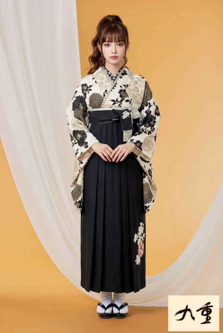 九重ブランド袴　白黒の菊柄で大人っぽい袴