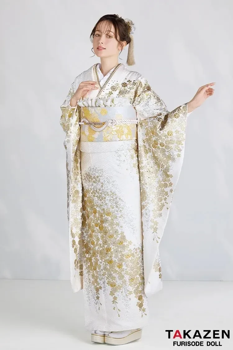 プレミアム古典関芳の桜柄白×ゴールドのお振袖全身コディネートご紹介