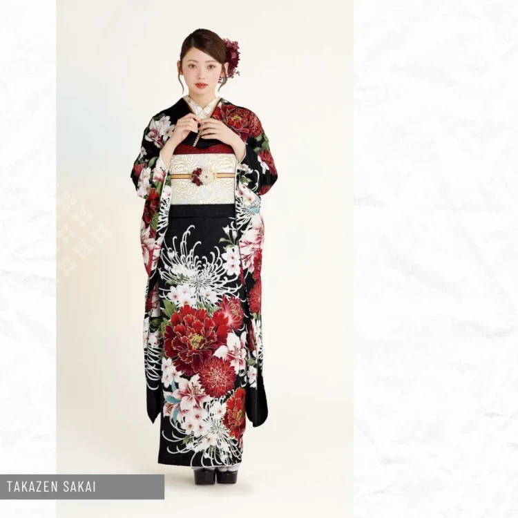 高身長さんに似合うシックなお色味に大きい柄がはいっているお振袖全身コディネート