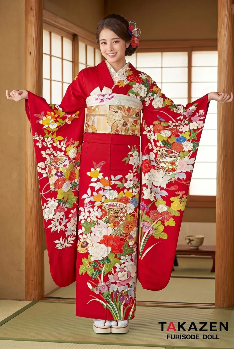 無病息災を願う振袖赤地の橘の柄の振袖