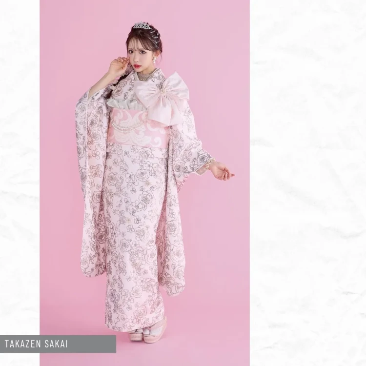 高身長さんに似合うグリッターの総柄のTAKAZENオリジナルお振袖全身コディネート