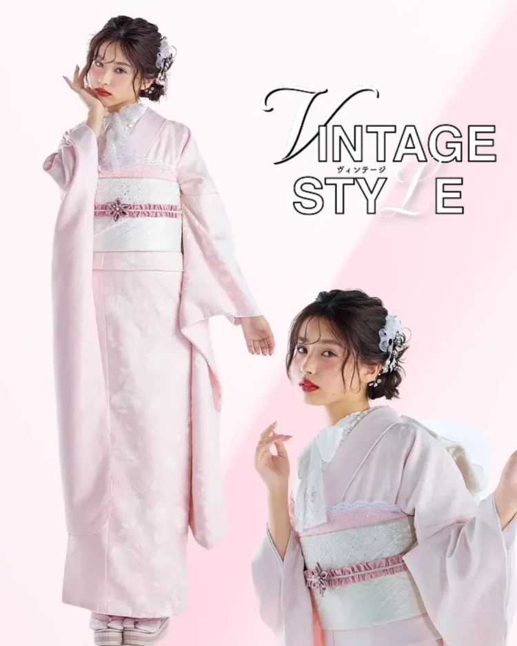 TAKAZENオリジナルのヴィンテージスタイルピンク色のお振袖のコーデ