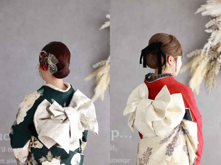 TAKAZEN橿原店の成人式前撮りヘアカタログ。キレイ目タイトシニヨン。