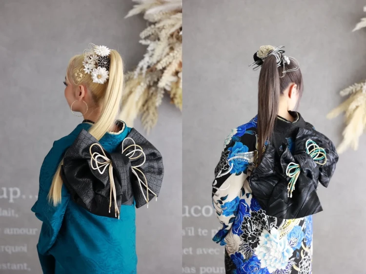 TAKAZEN橿原店の成人式前撮りヘアカタログ。華やかなポニーテールヘア。