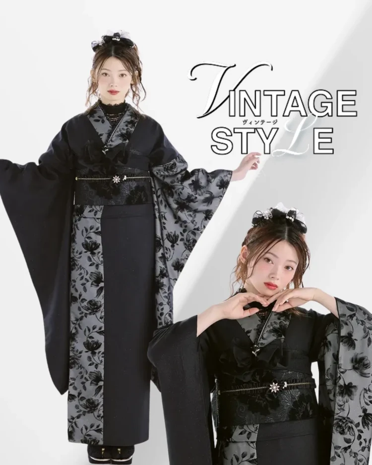 TAKAZENオリジナルのヴィンテージスタイル黒色のお振袖のコーデ