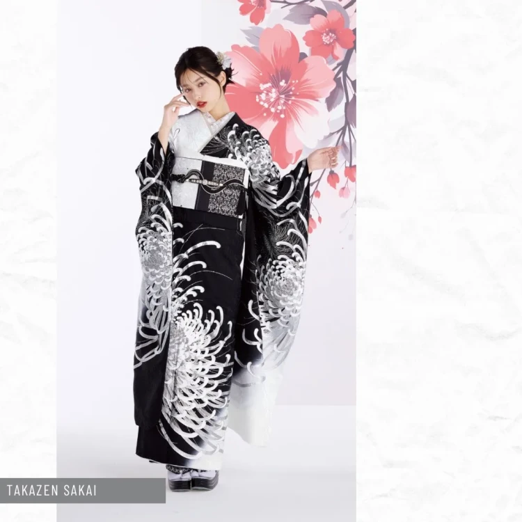 高身長さんに似合うモノトーンに大きい乱菊でとっても華やかなお振袖全身コディネートコディネート
