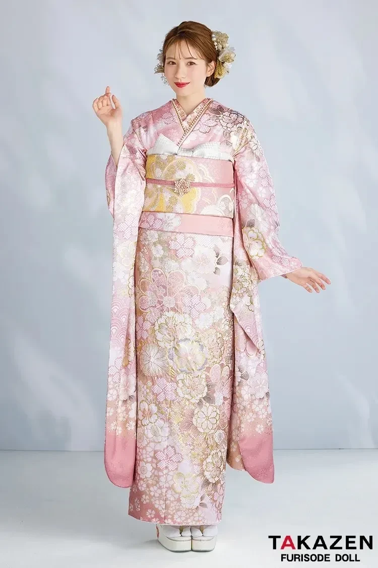 プレミアム古典関芳の桜柄ピンクのお振袖全身コディネートご紹介