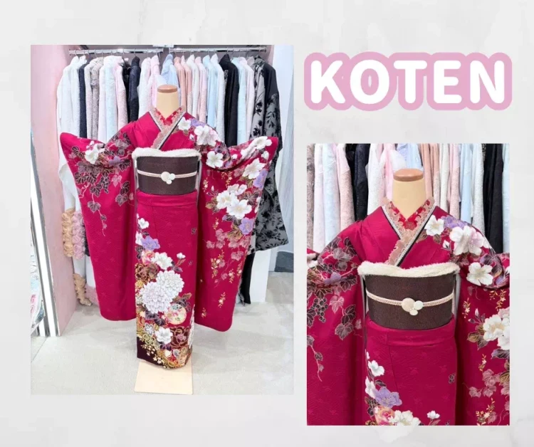 TAKAZEN神戸旧居留地店の赤色の古典柄着物メーカーブランドのお振袖をご紹介