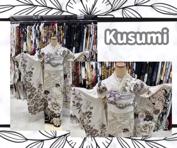 TAKAZEN神戸旧居留地店の白色や薄紫色の入ったイマドキくすみカラーお振袖