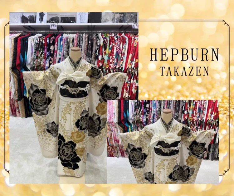 TAKAZEN神戸旧居留地店の白色×金色×黒色のキラキラタカゼンオリジナル振袖のご紹介です