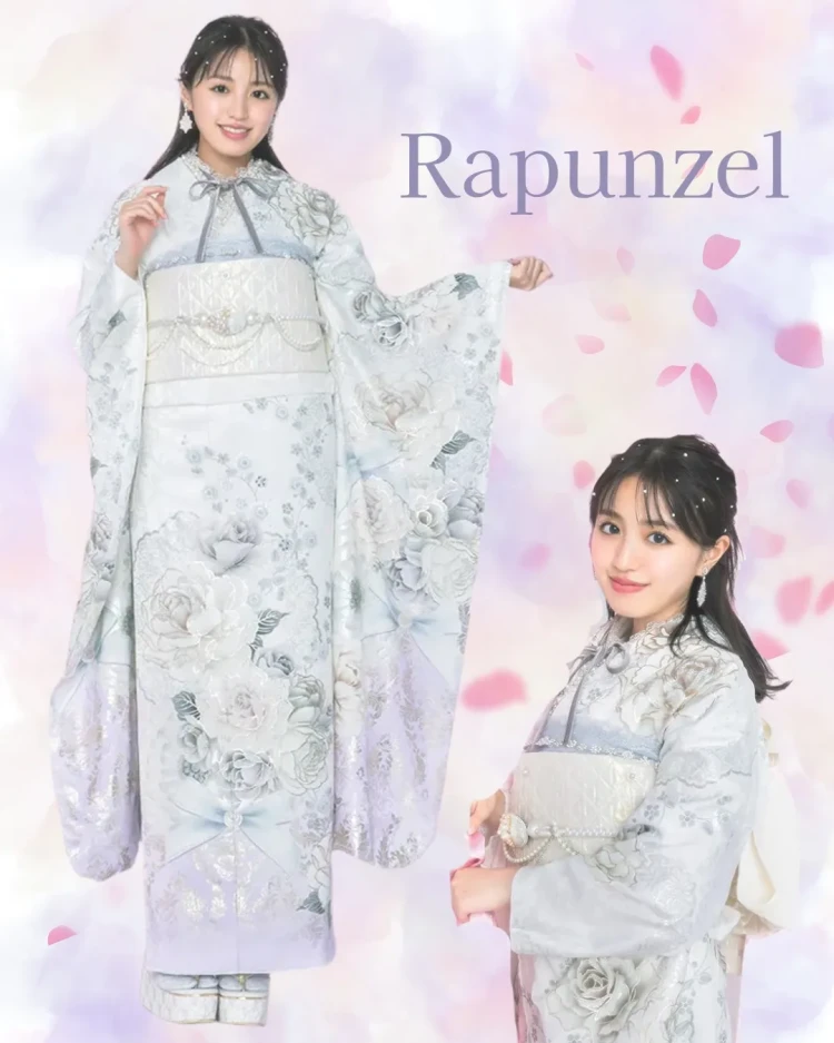 ヘップバーンコスメカラー白と紫色のお振袖でラプンツェルコーデ