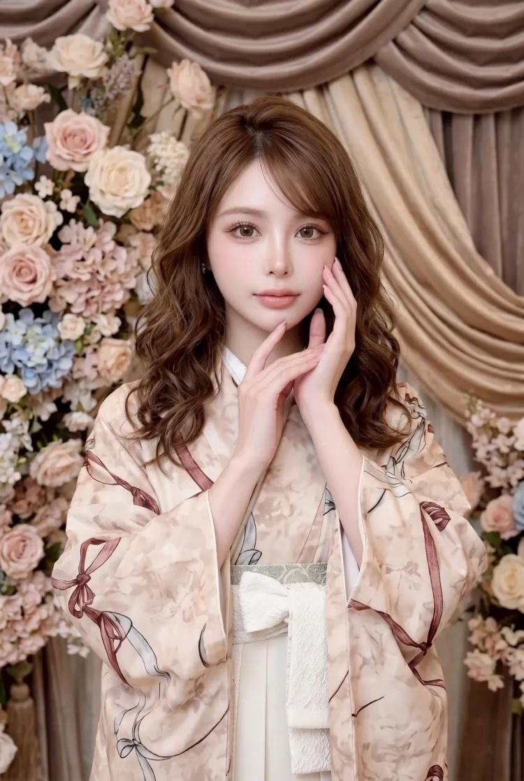 淡色ベージュのリボン柄袴コーデの女性ポートレート