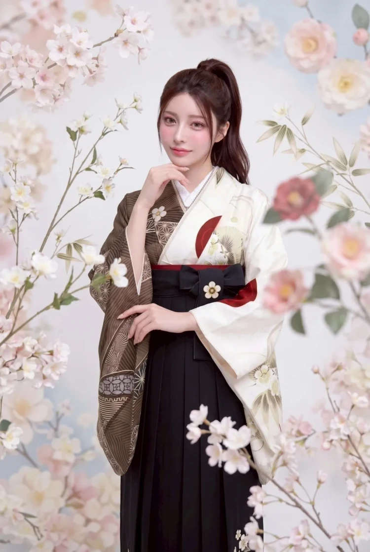 レトロモダンな袴コーデと桜の背景の女性