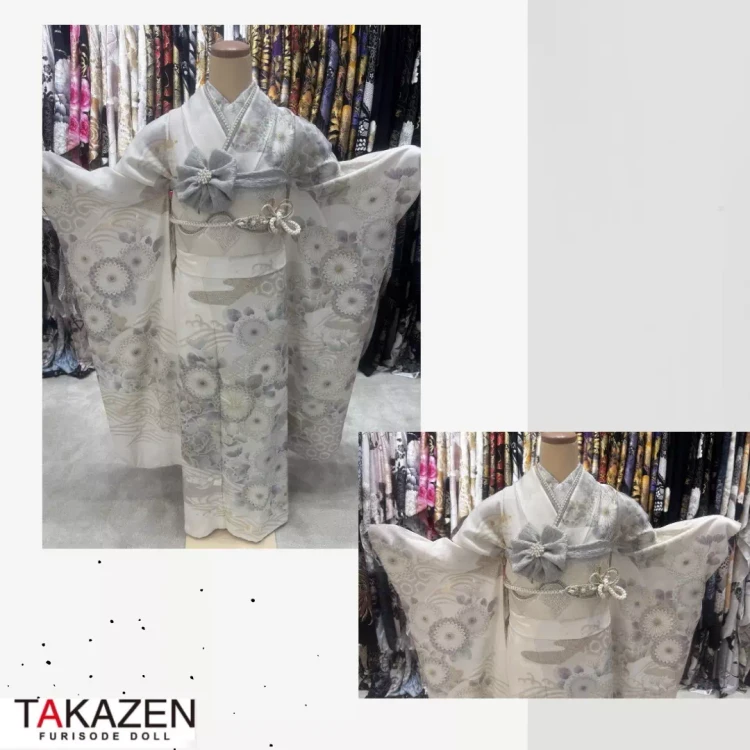 TAKAZEN神戸旧居留地店の白とシルバーの上品な古典柄お振袖のご紹介