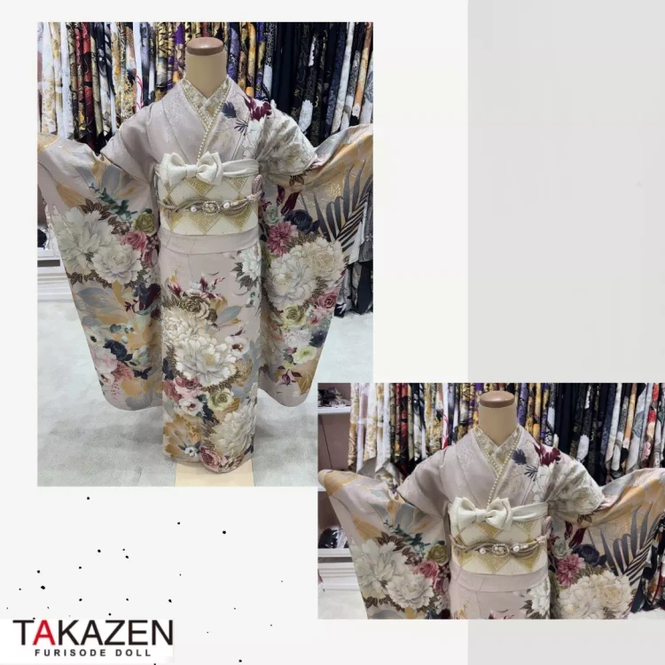 TAKAZEN神戸旧居留地ピンク地に華やかなデザインのくすみ古典のお振袖紹介