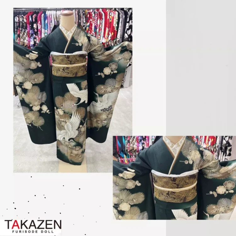 TAKAZEN神戸旧居留地店の深い緑色と金色の柄がオシャレでカッコイイ粋古典のお振袖のコーディネートの紹介。