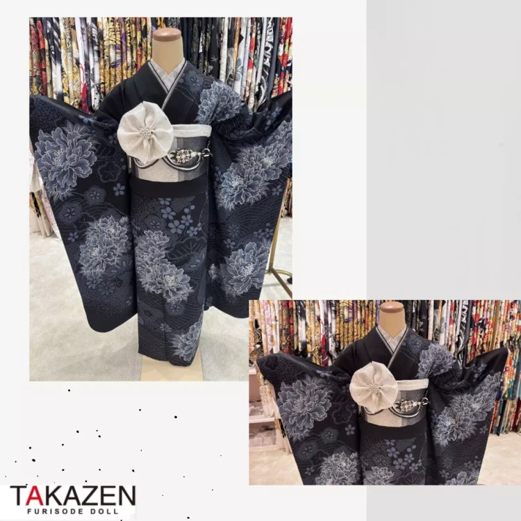 TAKAZEN神戸旧居留地店で振袖レンタルできる黒と青色のヴィンテージスタイルのカッコイイお振袖の紹介