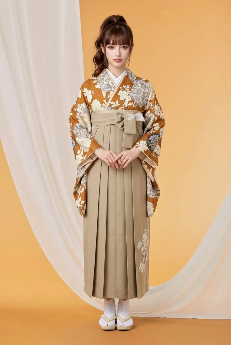 九重ブランド袴　オレンジの菊柄古典柄袴