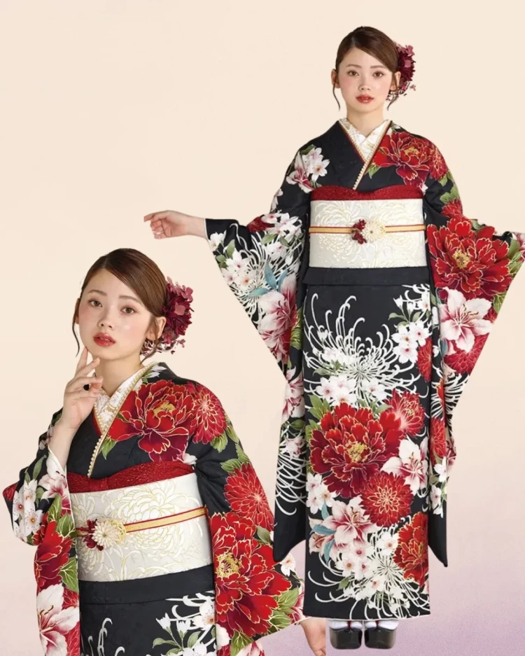 正統派古典の赤黒で菊柄がしっかり入ったお振袖のコーデ