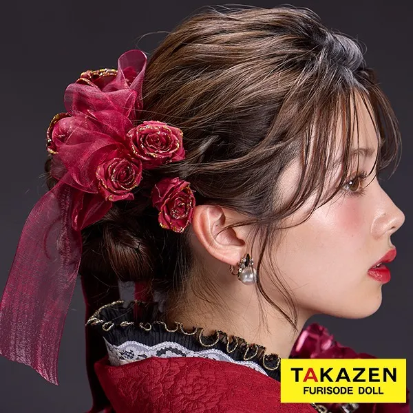 TAKAZENオリジナルの髪飾り　赤色バラ髪飾り