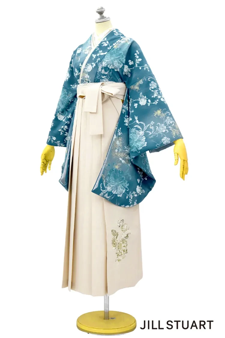 TAKAZENのレンタル袴 JILL STUARTブランド袴 ヴィンテージスタイル 青/ブルー ピオニー スタイリッシュ 大人っぽい お洒落 ブーツコーデ【通販可】R27019