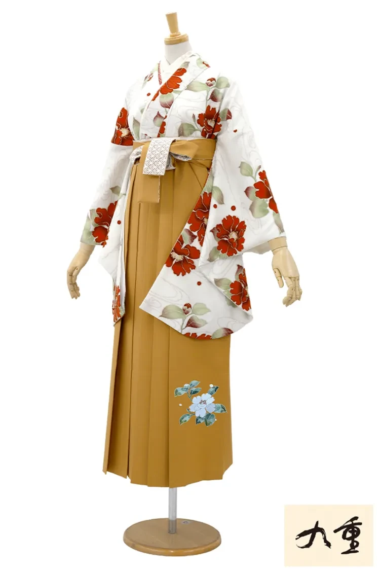 TAKAZENのレンタル袴 九重ブランド袴　白地/赤　牡丹柄　正統派古典　レトロモダン　清楚　大人っぽい　きれいめ【通販可】R27025