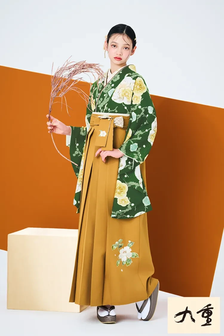 TAKAZENのレンタル袴 九重ブランド袴　緑　桜柄　正統派古典　王道　上品　清楚　大人っぽい　教員袴にもおすすめ【通販可】R27026
