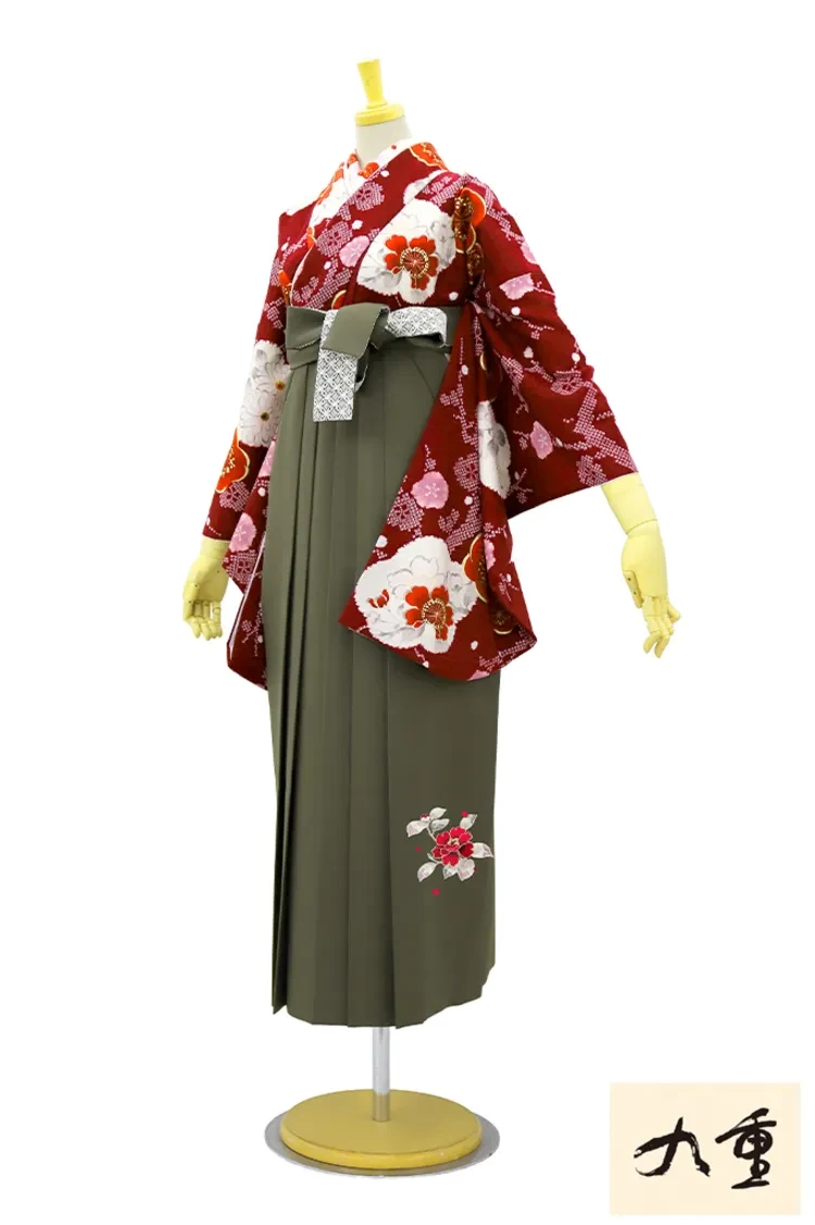 TAKAZENのレンタル袴 九重ブランド袴　エンジ/ワインレッド　桜柄　正統派古典　大正ロマン　清楚　大人っぽい　落ち着いた袴【通販可】R27027