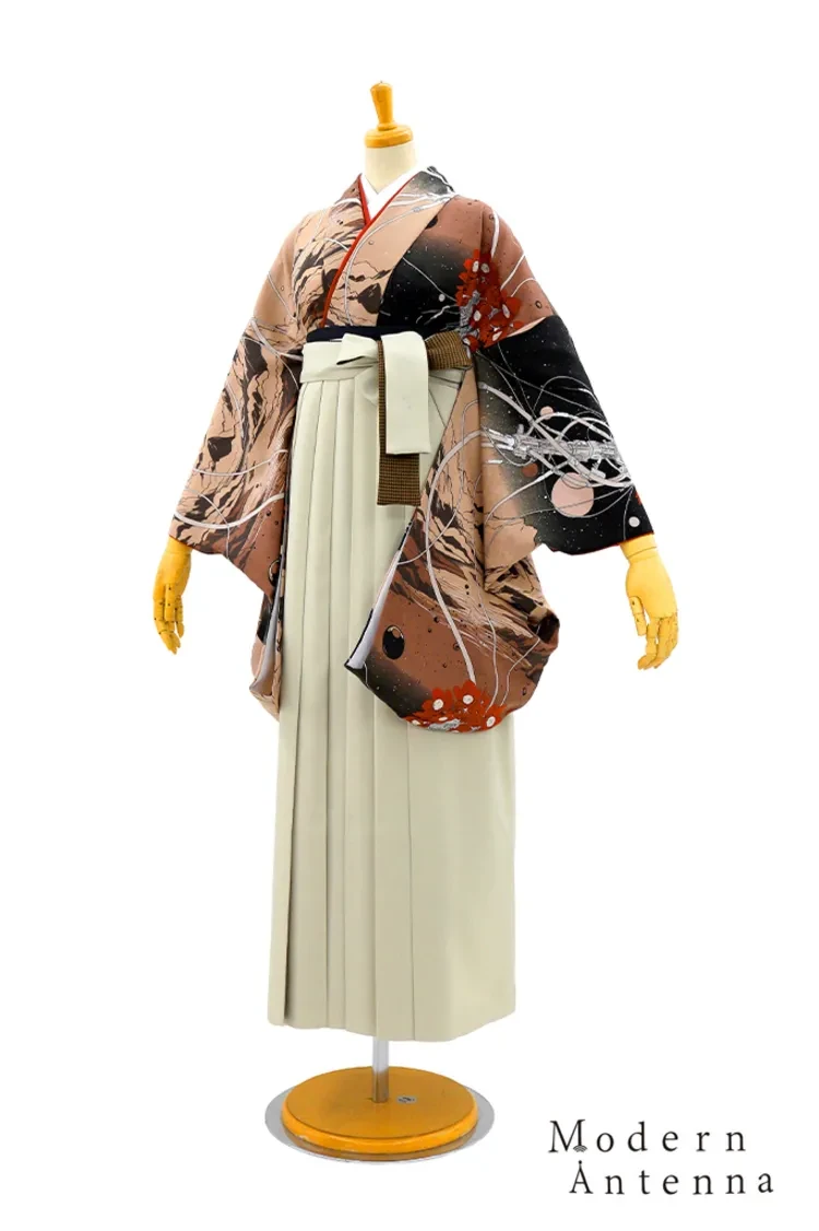 TAKAZENのレンタル袴 モダンアンテナブランド袴　黒/ベージュ　夜空と花とケーブル　レトロ　人と被らない袴　ブーツスタイル【通販可】R27036